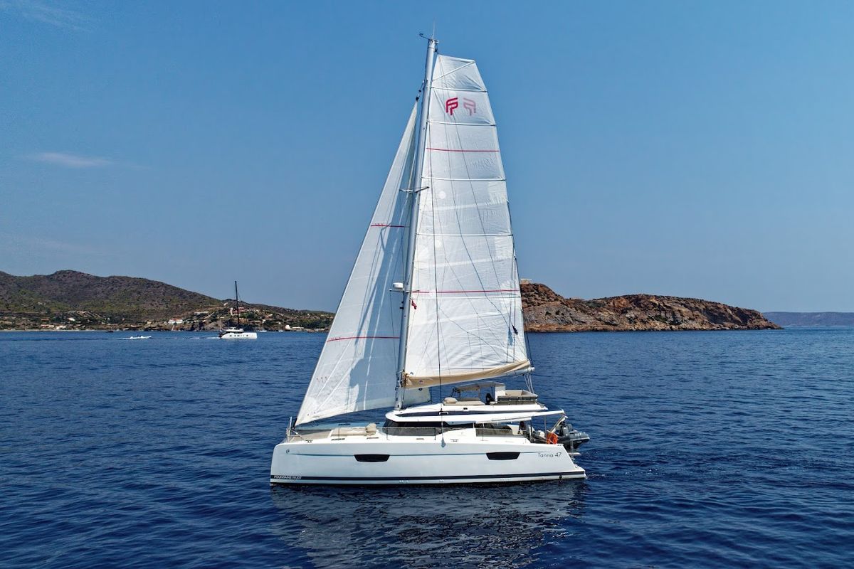Exterior view of Helidoni, a Fountaine Pajot Tanna 47 catamaran at Volos Municipality, Greece