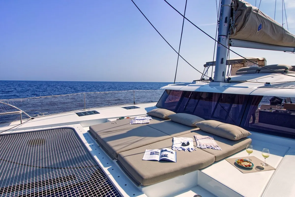 Deck of Helidoni, a Fountaine Pajot Tanna 47 catamaran at Volos Municipality, Greece