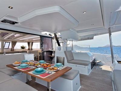 Cockpit of Helidoni, a Fountaine Pajot Tanna 47 catamaran at Volos Municipality, Greece