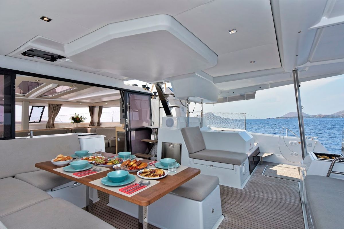 Cockpit of Helidoni, a Fountaine Pajot Tanna 47 catamaran at Volos Municipality, Greece