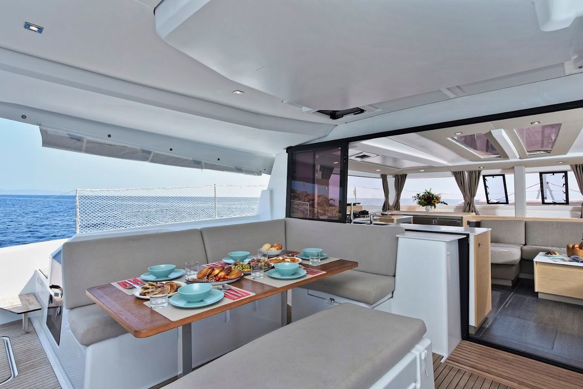 Deck of Helidoni, a Fountaine Pajot Tanna 47 catamaran at Volos Municipality, Greece