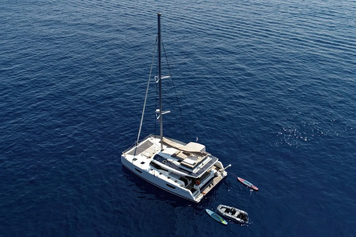 Exterior view of Helidoni, a Fountaine Pajot Tanna 47 catamaran at Volos Municipality, Greece