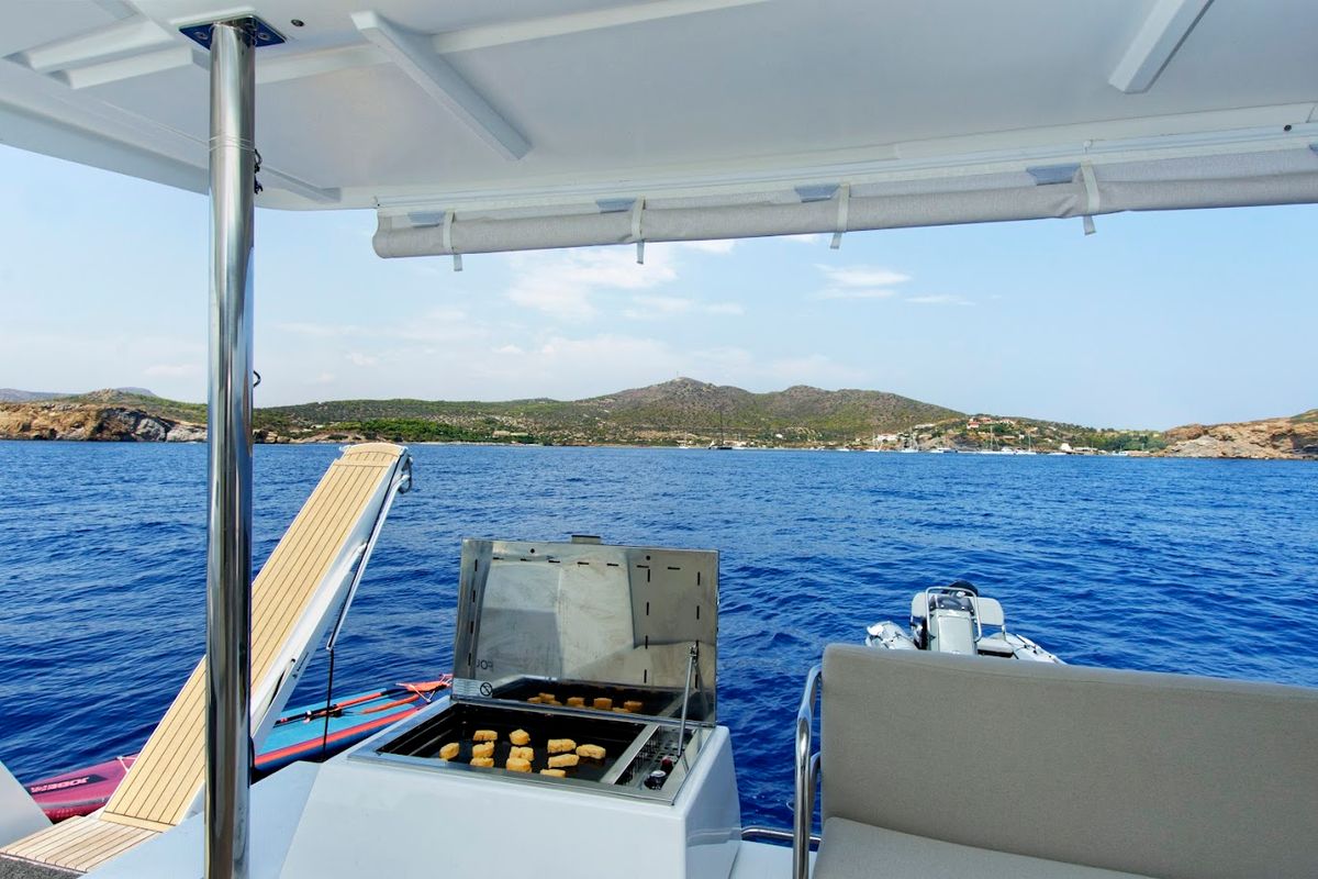 Deck of Helidoni, a Fountaine Pajot Tanna 47 catamaran at Volos Municipality, Greece