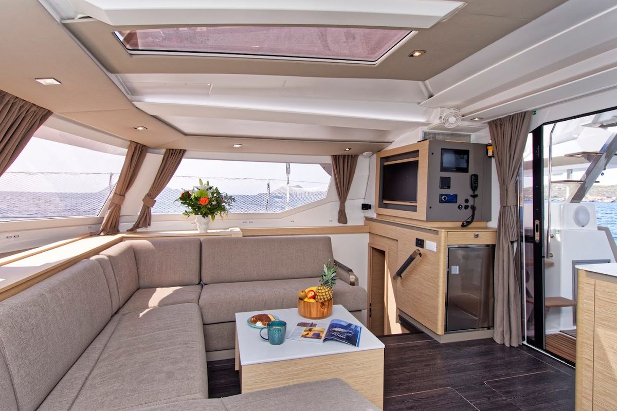 Salon of Helidoni, a Fountaine Pajot Tanna 47 catamaran at Volos Municipality, Greece