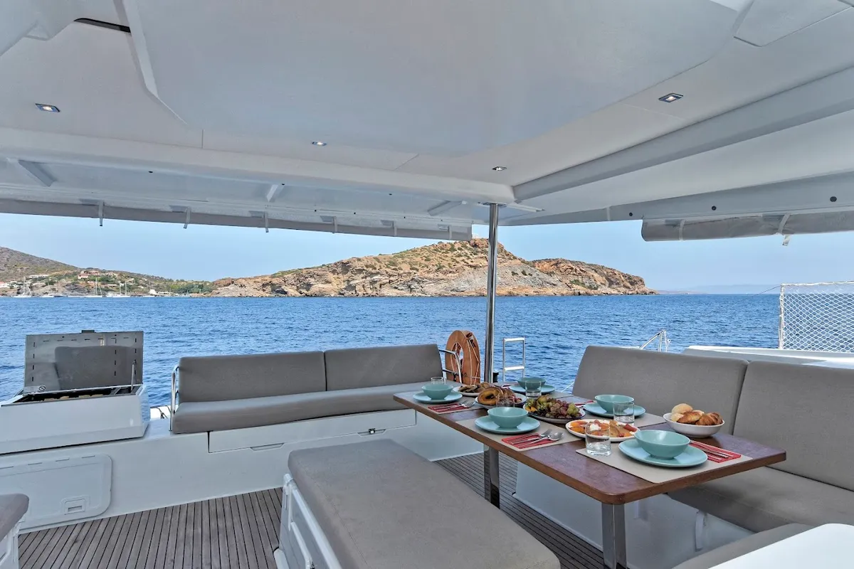 Deck of Helidoni, a Fountaine Pajot Tanna 47 catamaran at Volos Municipality, Greece
