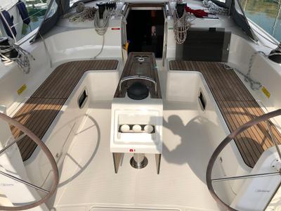 Cockpit of Thalassa, a Bavaria Cruiser 51 sailboat at Athens, Greece