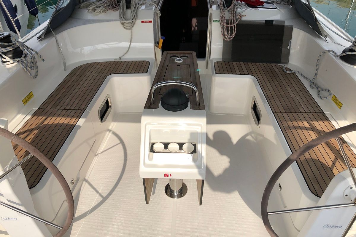 Cockpit of Thalassa, a Bavaria Cruiser 51 sailboat at Athens, Greece
