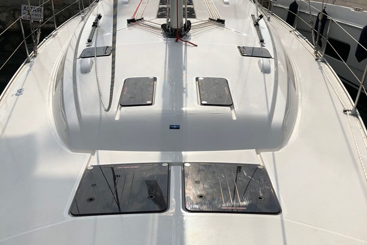 Deck of Thalassa, a Bavaria Cruiser 51 sailboat at Athens, Greece