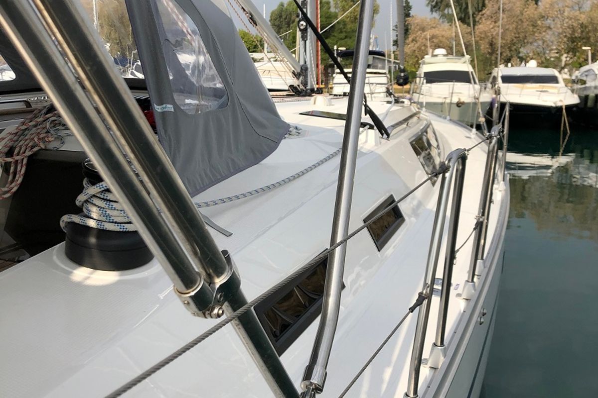 Deck of Thalassa, a Bavaria Cruiser 51 sailboat at Athens, Greece