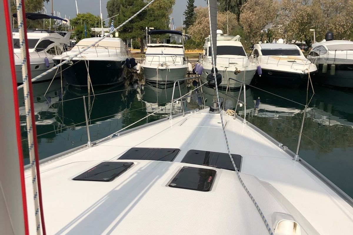 Deck of Thalassa, a Bavaria Cruiser 51 sailboat at Athens, Greece