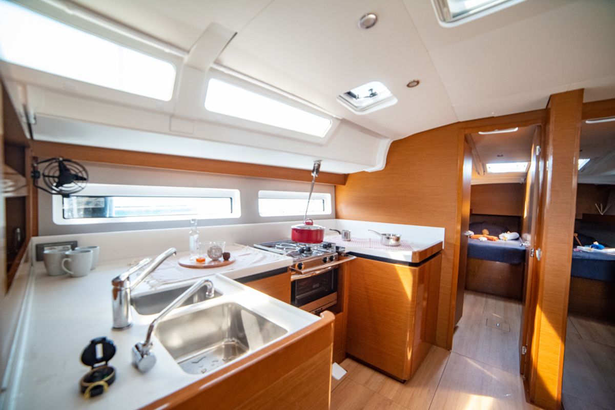 Galley of Porto Fino, a Jeanneau Sun Odyssey 490 sailboat at Athens, Greece