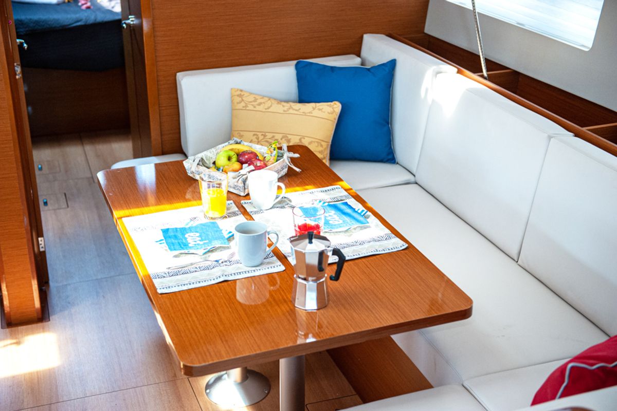 Salon of Porto Fino, a Jeanneau Sun Odyssey 490 sailboat at Athens, Greece