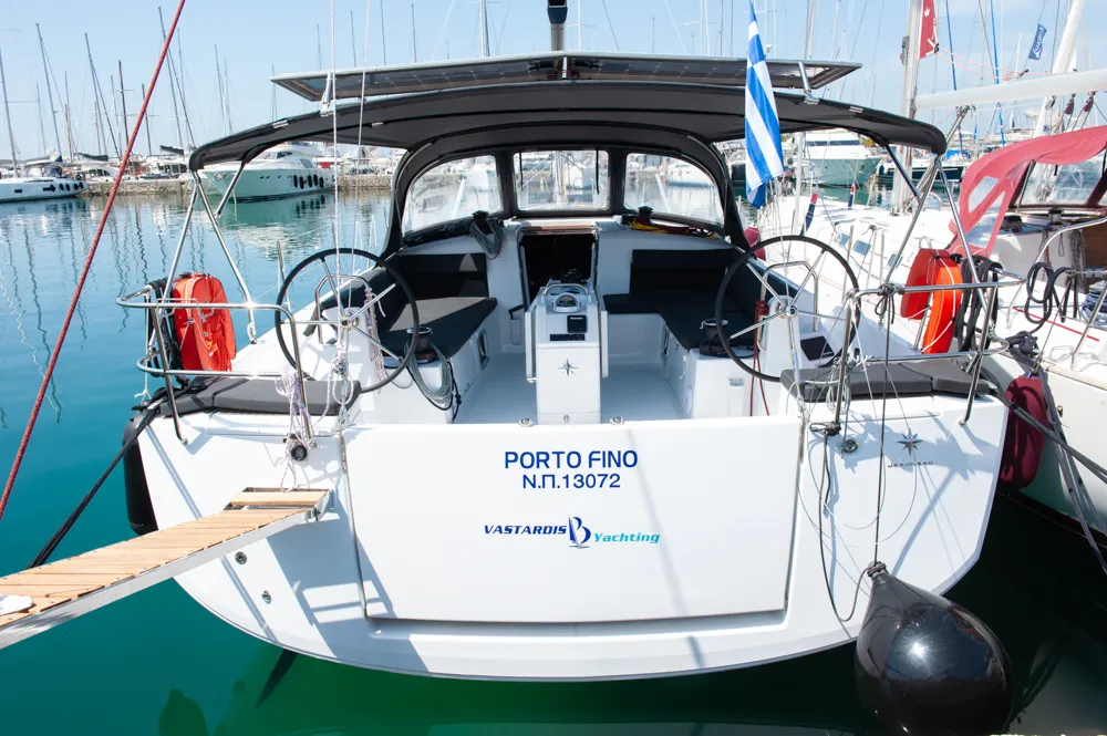 Cockpit of Porto Fino, a Jeanneau Sun Odyssey 490 sailboat at Athens, Greece