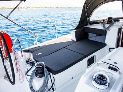 Deck of Porto Fino, a Jeanneau Sun Odyssey 490 sailboat at Athens, Greece