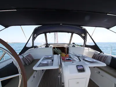 Cockpit of King of hearts - (A/C - Generator - Refit 2022), a Jeanneau Sun Odyssey 509 sailboat at Athens, Greece