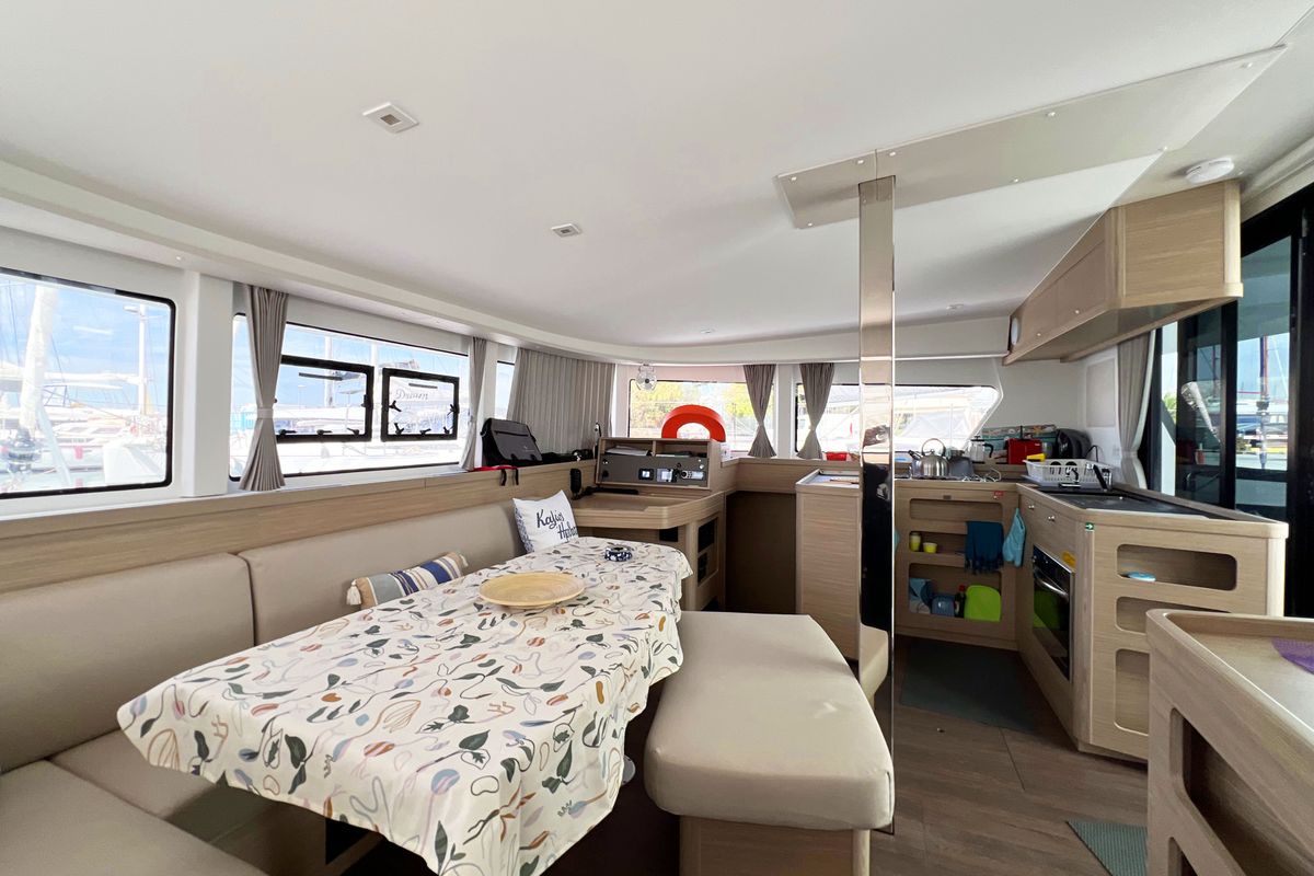 Salon of Amaryllis, a Lagoon 42 catamaran at Athens, Greece