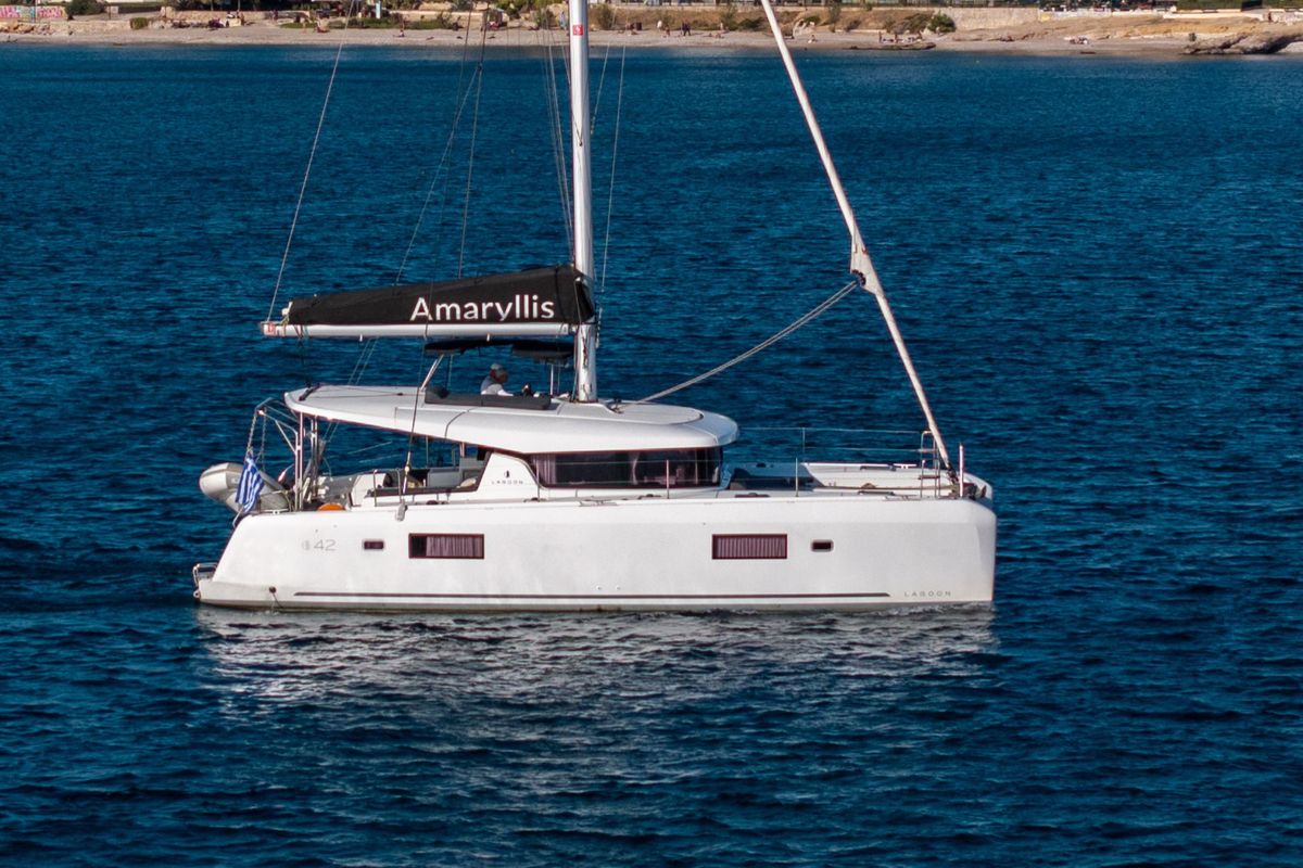 Exterior view of Amaryllis, a Lagoon 42 catamaran at Athens, Greece