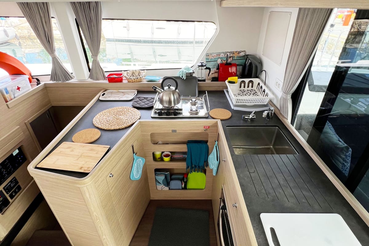Galley of Amaryllis, a Lagoon 42 catamaran at Athens, Greece