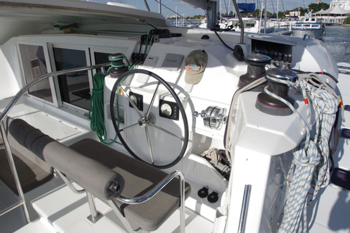 Cockpit of Estrella, a Lagoon 421 catamaran at Cienfuegos, Cuba