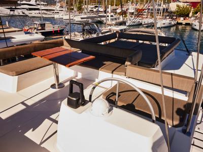 Cockpit of Senior, a Bali 4.6 catamaran at Marmaris, Turkey