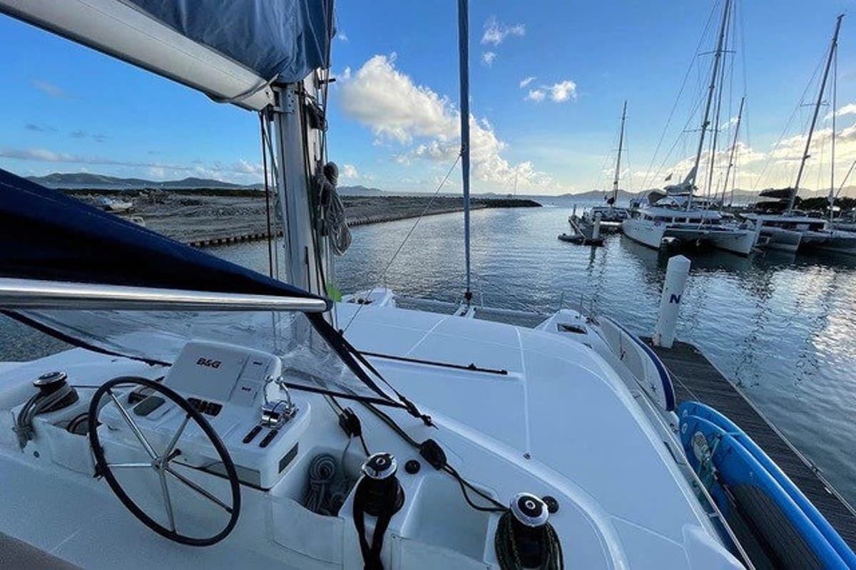 Exterior view of Merev, a Lagoon 50 catamaran at Seget Donji, Croatia