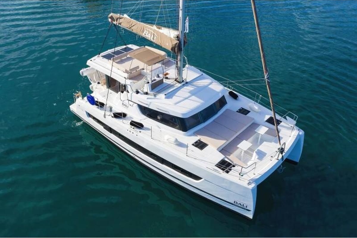 Exterior view of Navegame, a Bali Catspace catamaran at Ibiza, Spain