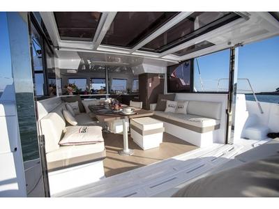 Deck of Navegame, a Bali Catspace catamaran at Ibiza, Spain