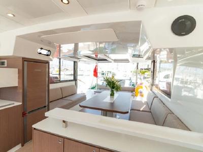 Salon of Navegame, a Bali Catspace catamaran at Ibiza, Spain