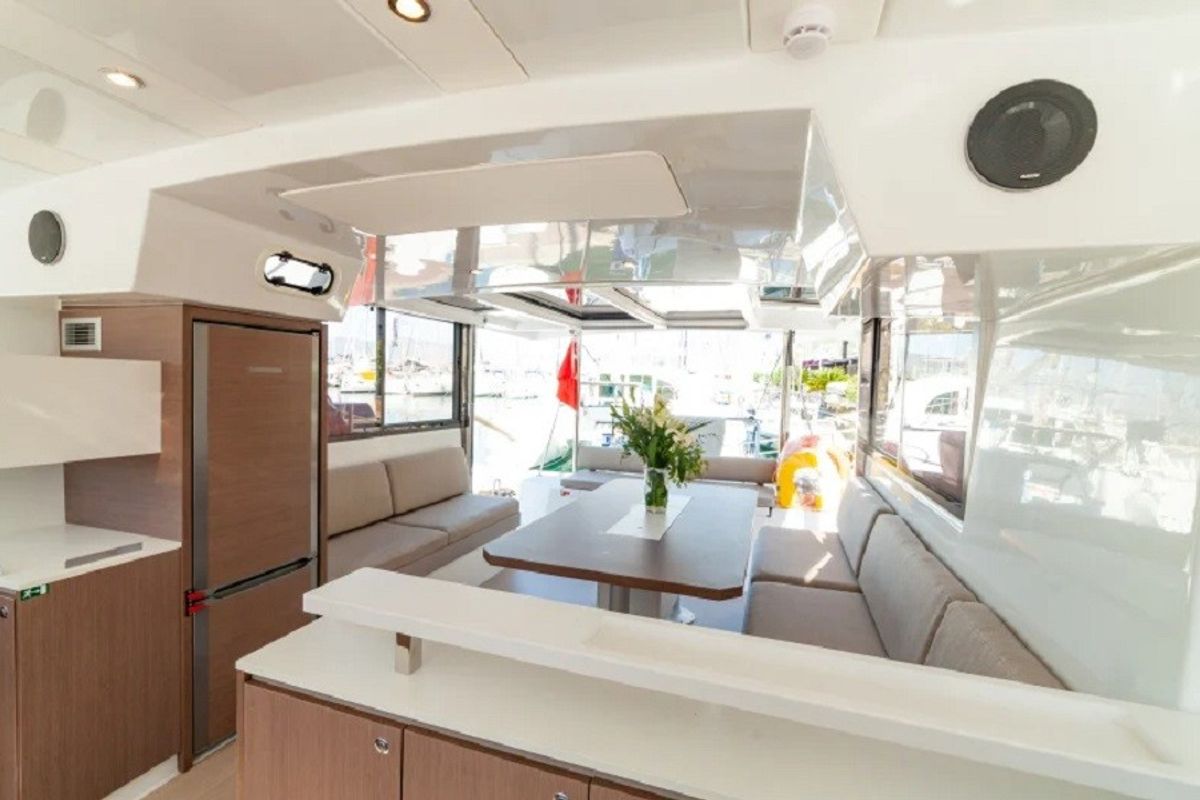 Salon of Navegame, a Bali Catspace catamaran at Ibiza, Spain