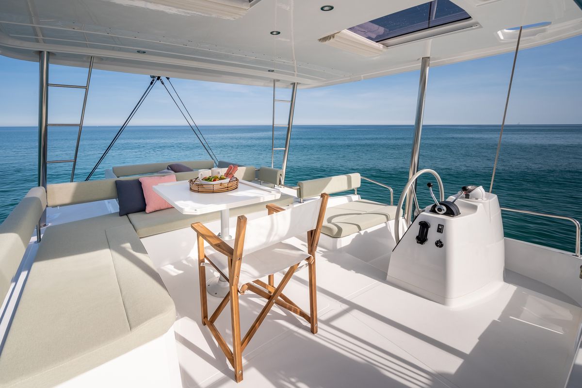Cockpit of EROS, a Bali 4.6 catamaran at Olbia, Italy