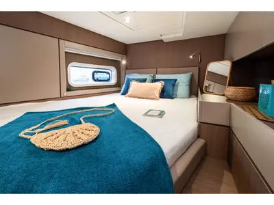 Cabin on EROS, a Bali 4.6 catamaran at Olbia, Italy