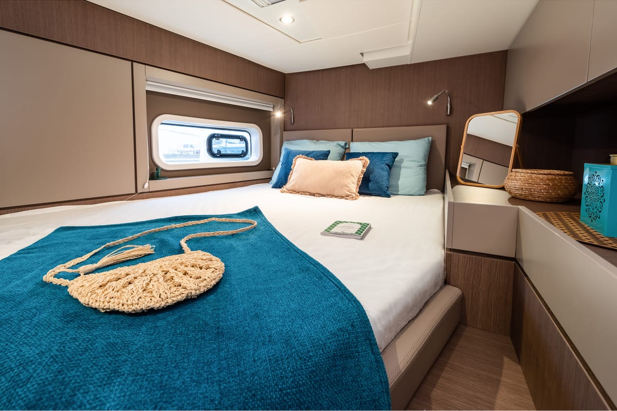Cabin on EROS, a Bali 4.6 catamaran at Olbia, Italy
