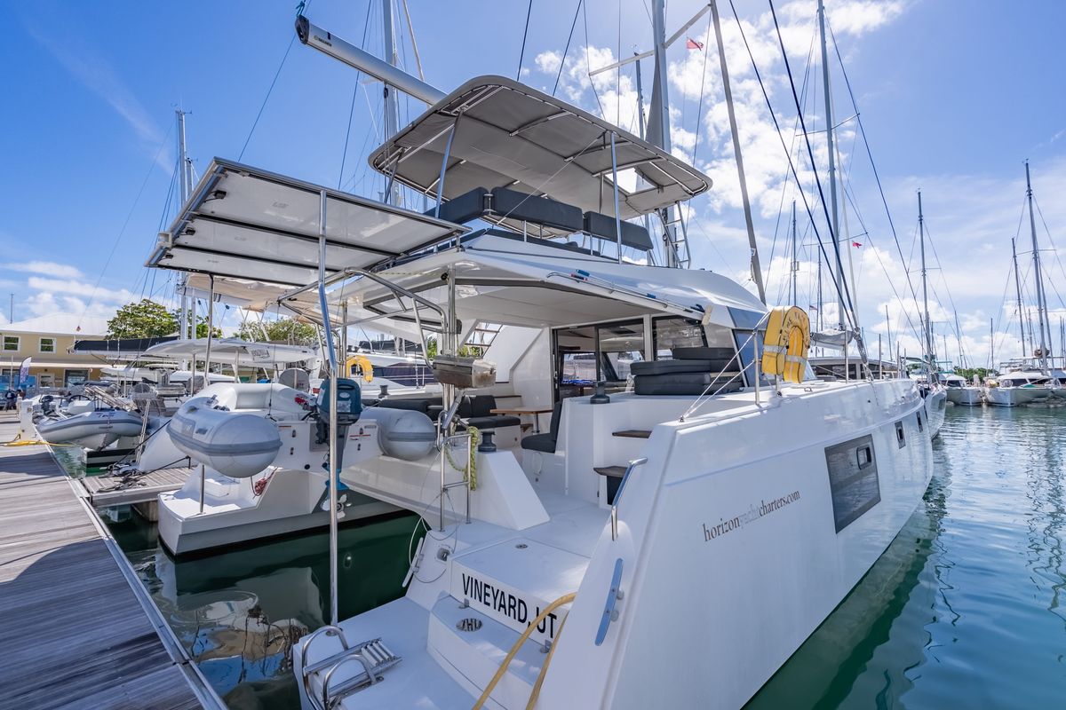 Exterior view of Seas’d Up, a Nautitech Rochefort Nautitech 46 Fly catamaran at Road Town, British Virgin Islands