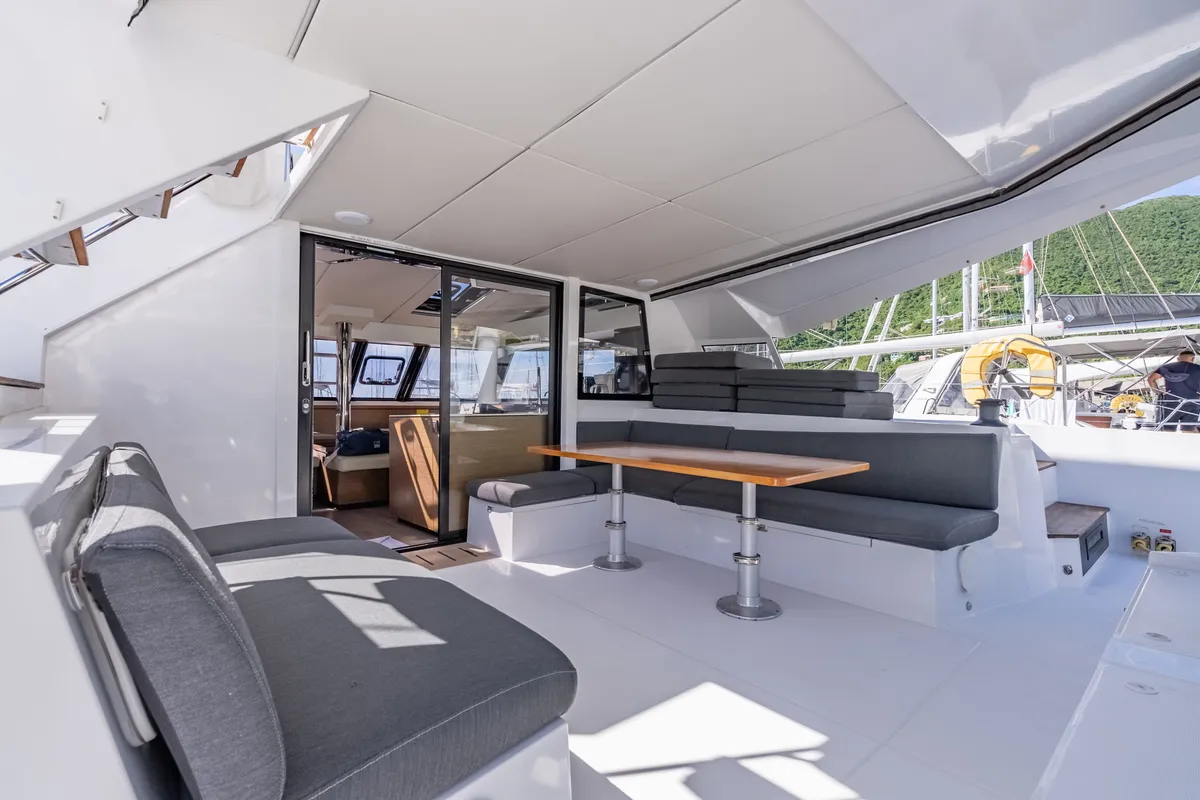 Deck of Seas’d Up, a Nautitech Rochefort Nautitech 46 Fly catamaran at Road Town, British Virgin Islands