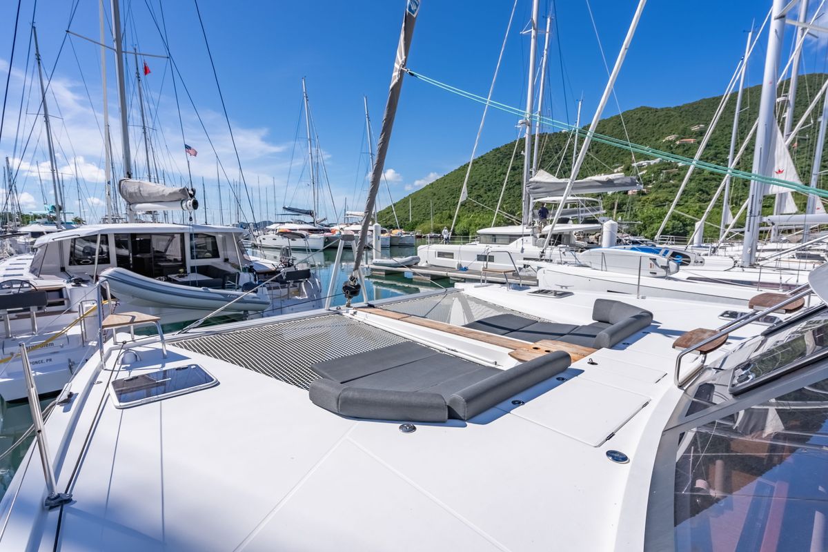 Deck of Seas’d Up, a Nautitech Rochefort Nautitech 46 Fly catamaran at Road Town, British Virgin Islands