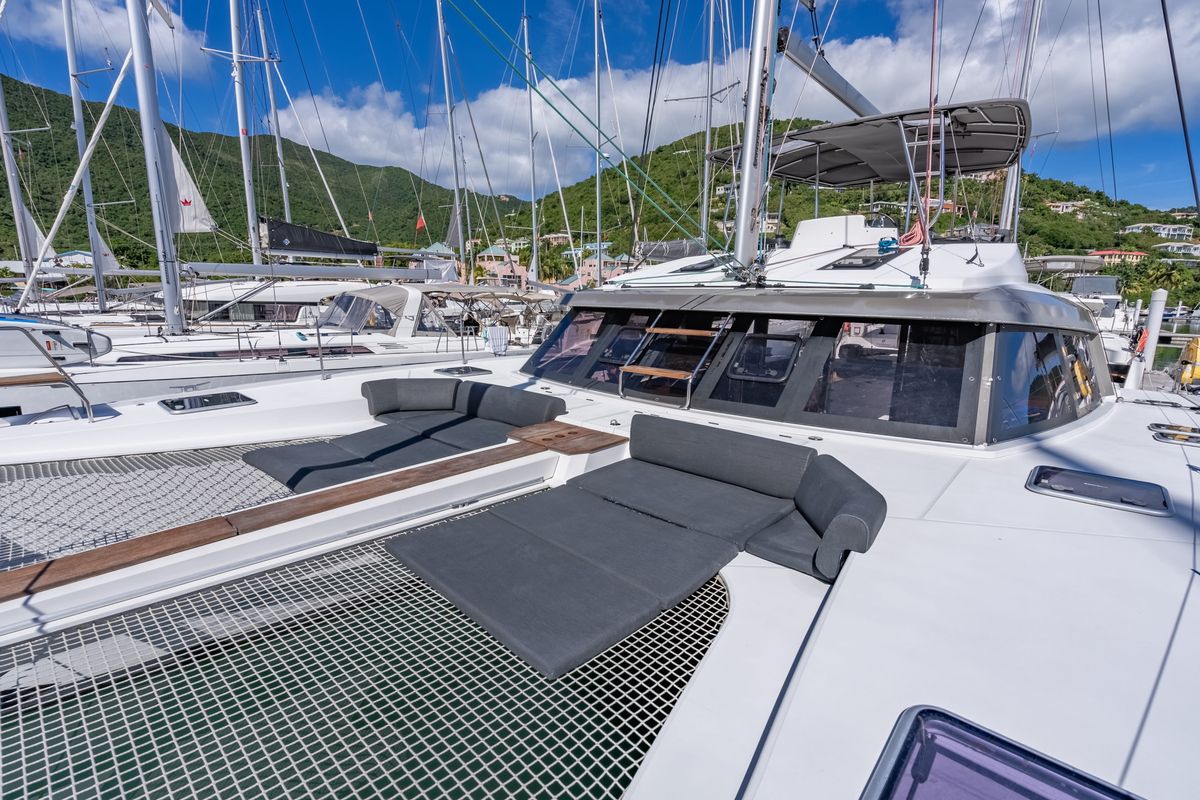 Deck of Seas’d Up, a Nautitech Rochefort Nautitech 46 Fly catamaran at Road Town, British Virgin Islands