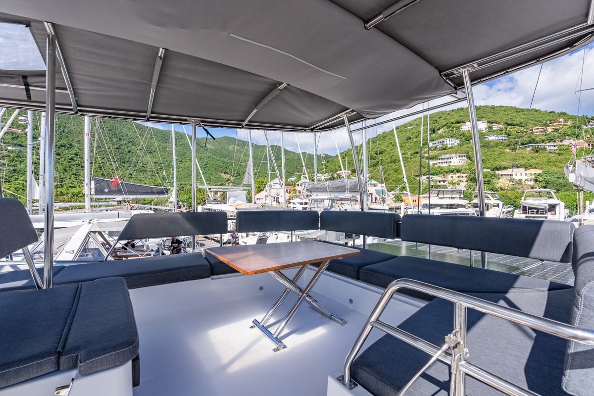 Deck of Seas’d Up, a Nautitech Rochefort Nautitech 46 Fly catamaran at Road Town, British Virgin Islands