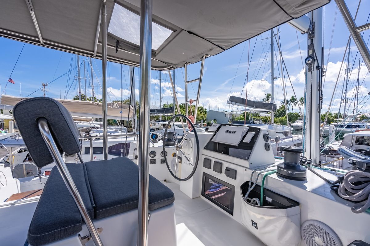 Cockpit of Seas’d Up, a Nautitech Rochefort Nautitech 46 Fly catamaran at Road Town, British Virgin Islands