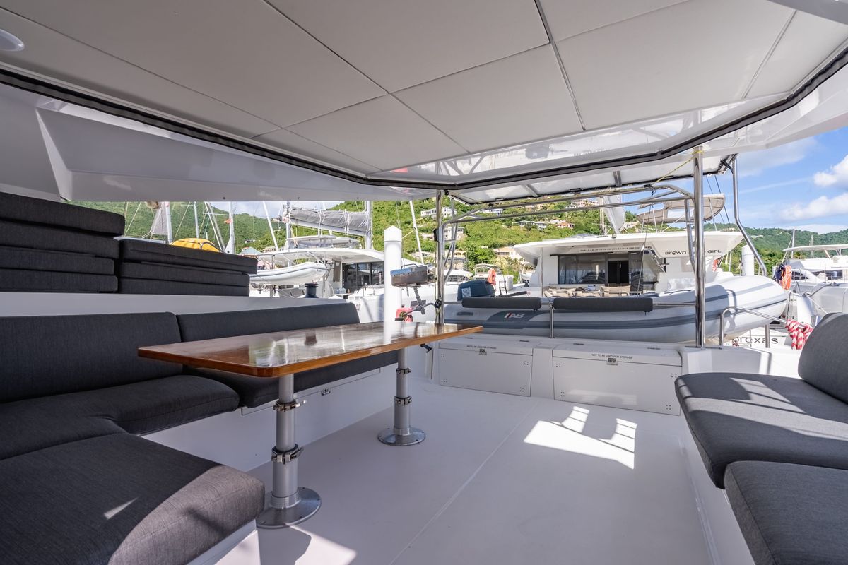 Deck of Seas’d Up, a Nautitech Rochefort Nautitech 46 Fly catamaran at Road Town, British Virgin Islands