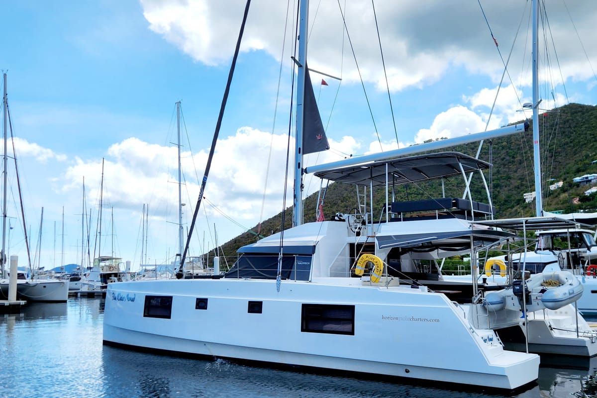 Exterior view of Seas’d Up, a Nautitech Rochefort Nautitech 46 Fly catamaran at Road Town, British Virgin Islands