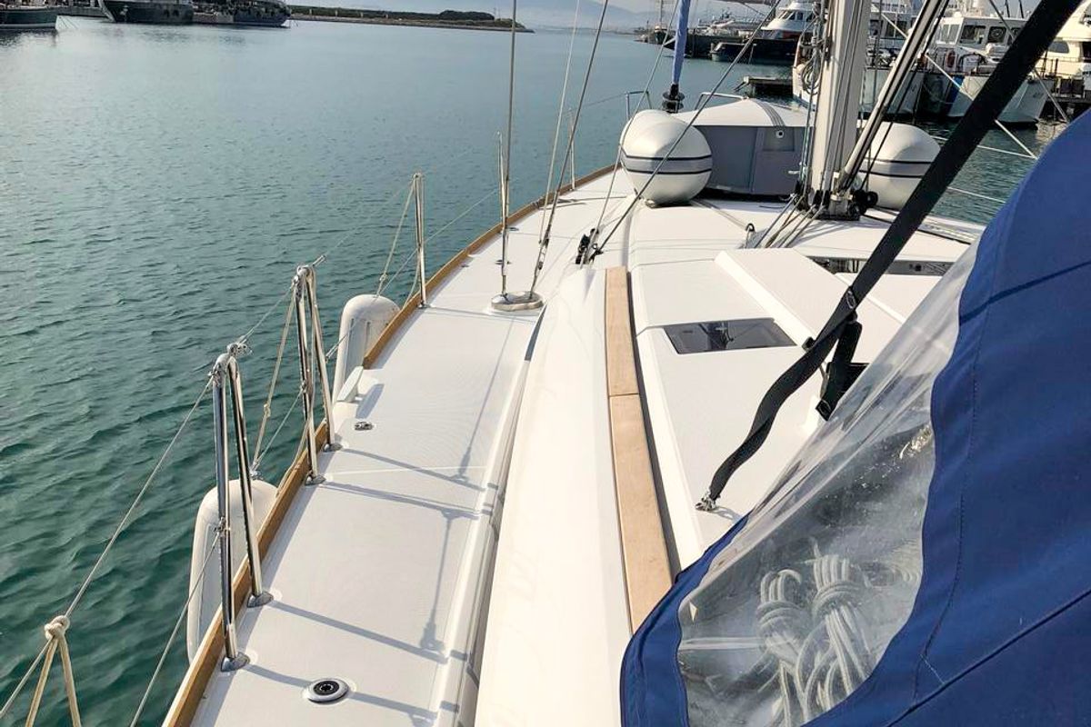 Deck of Misty, a Jeanneau Sun Odyssey 519 sailboat at Municipal Unit of Palairos, Greece