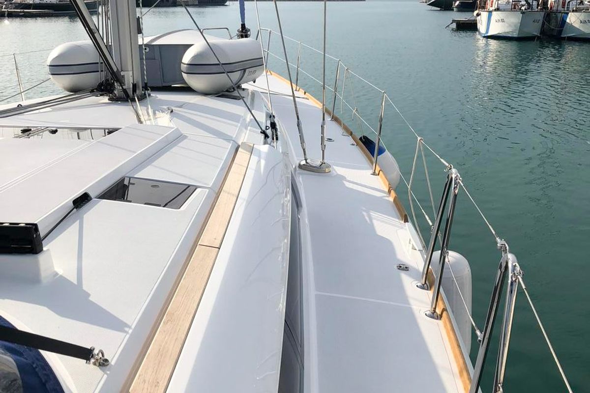 Deck of Misty, a Jeanneau Sun Odyssey 519 sailboat at Municipal Unit of Palairos, Greece