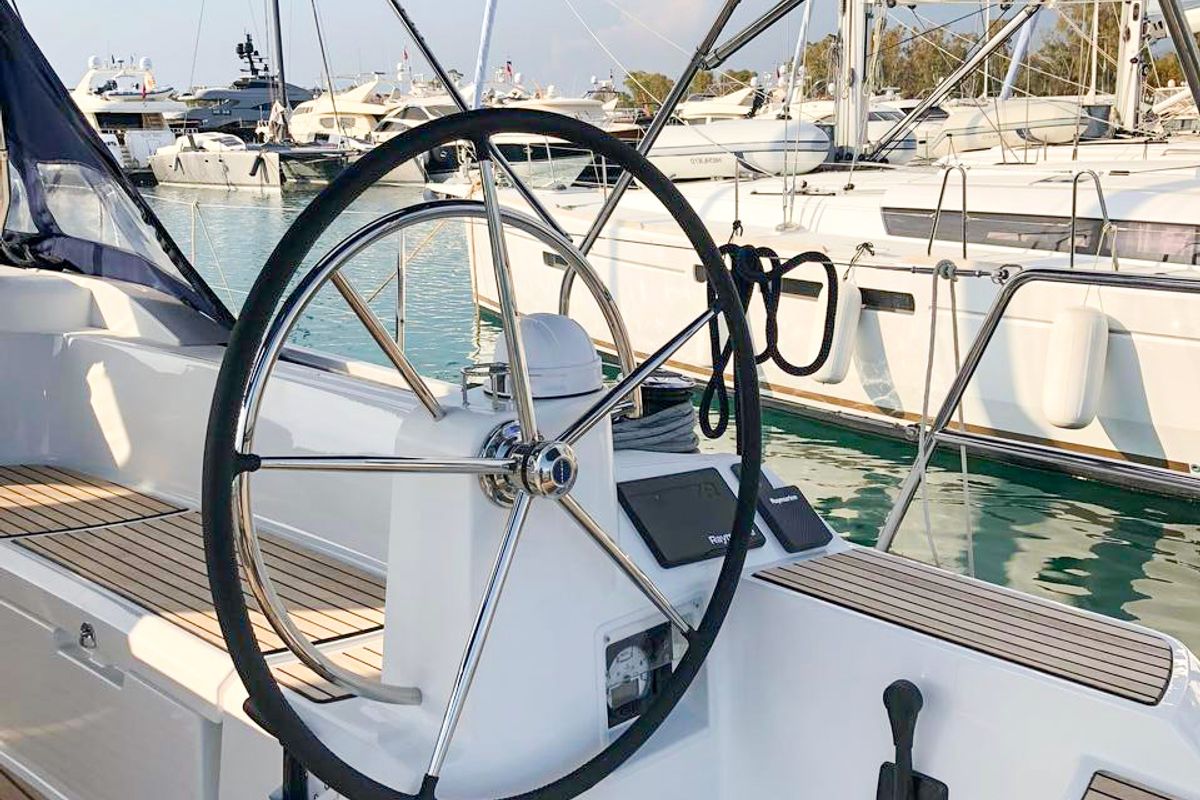 Cockpit of Misty, a Jeanneau Sun Odyssey 519 sailboat at Municipal Unit of Palairos, Greece
