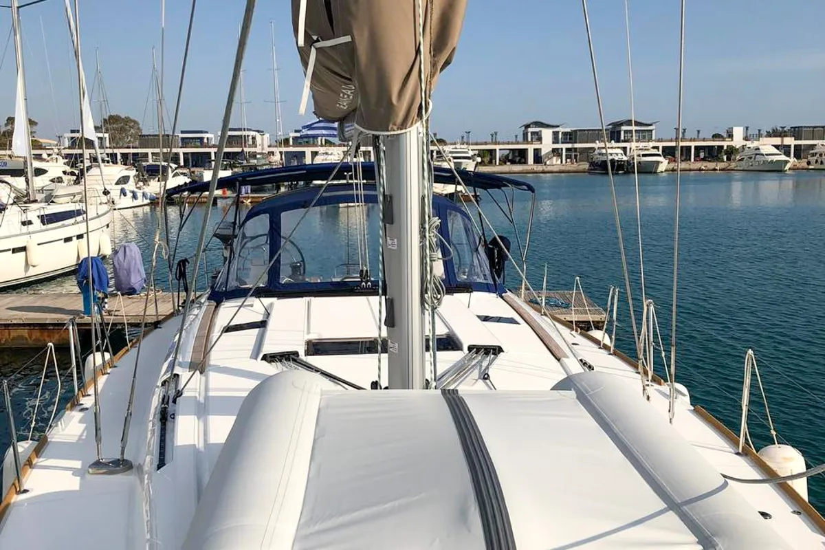 Exterior view of Misty, a Jeanneau Sun Odyssey 519 sailboat at Municipal Unit of Palairos, Greece