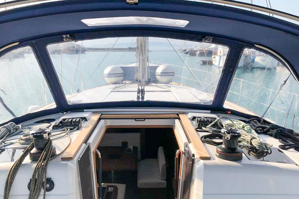 Deck of Misty, a Jeanneau Sun Odyssey 519 sailboat at Municipal Unit of Palairos, Greece