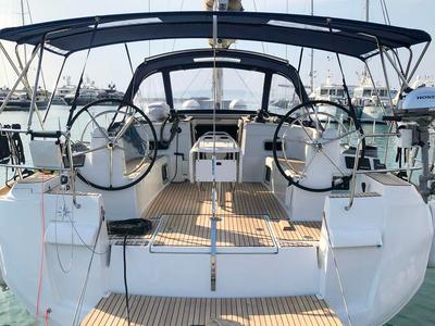 Cockpit of Misty, a Jeanneau Sun Odyssey 519 sailboat at Municipal Unit of Palairos, Greece