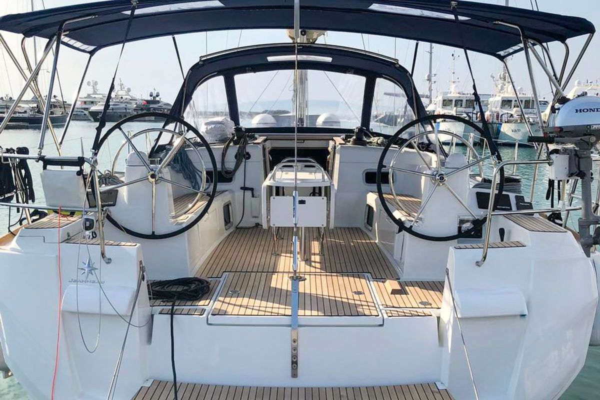 Cockpit of Misty, a Jeanneau Sun Odyssey 519 sailboat at Municipal Unit of Palairos, Greece