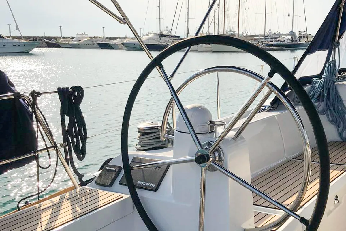 Cockpit of Misty, a Jeanneau Sun Odyssey 519 sailboat at Municipal Unit of Palairos, Greece