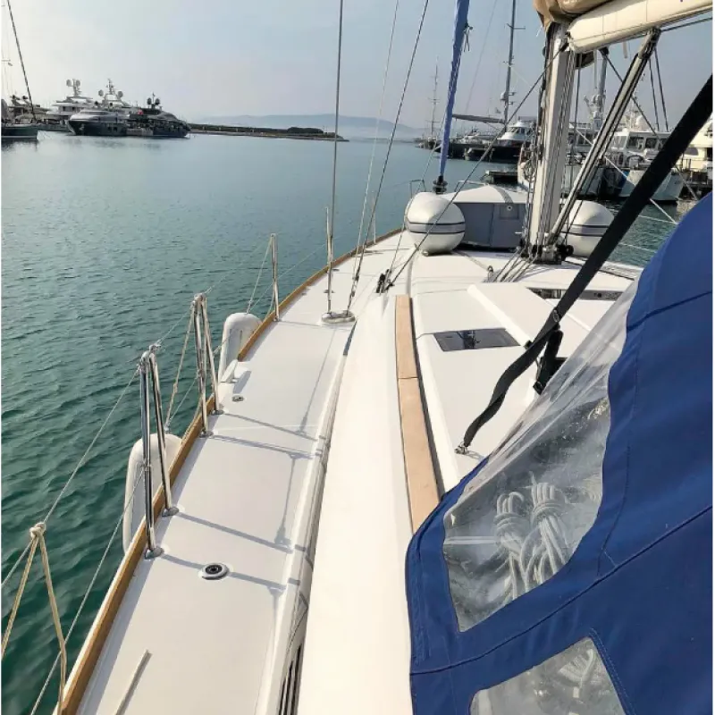 Deck of Misty, a Jeanneau Sun Odyssey 519 sailboat at Municipal Unit of Palairos, Greece