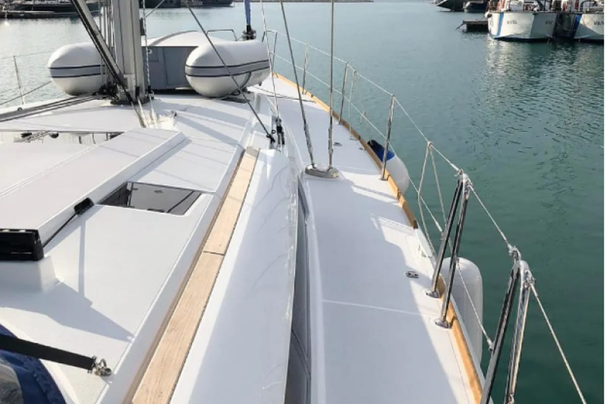 Deck of Misty, a Jeanneau Sun Odyssey 519 sailboat at Municipal Unit of Palairos, Greece